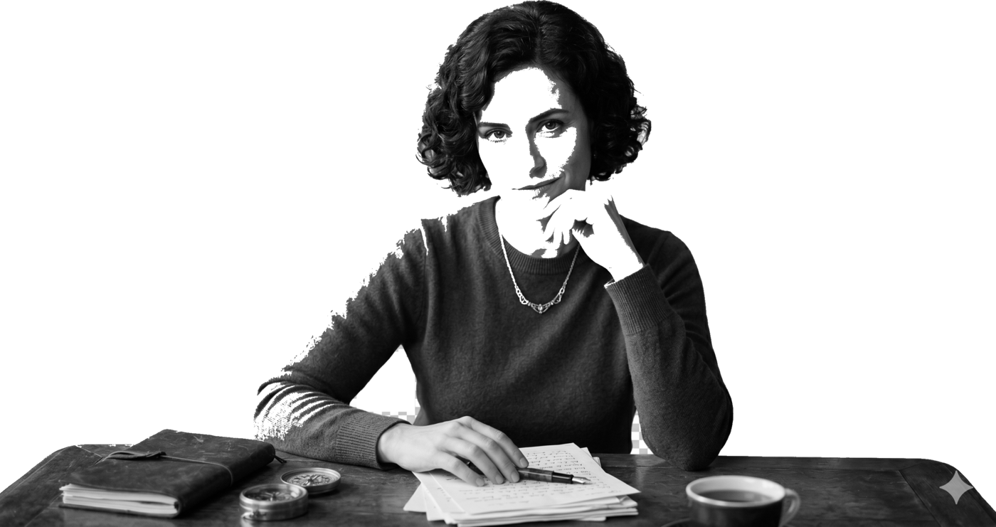 Margo at her writing desk, considering an introduction